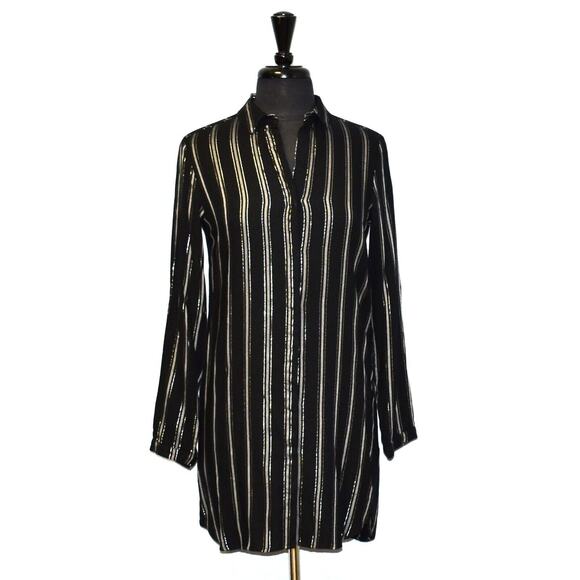 A6 NEW BELLA DAHL Black Striped Lurex Rayon Covered Buttons Shirt Dress Size XS - Picture 2 of 7